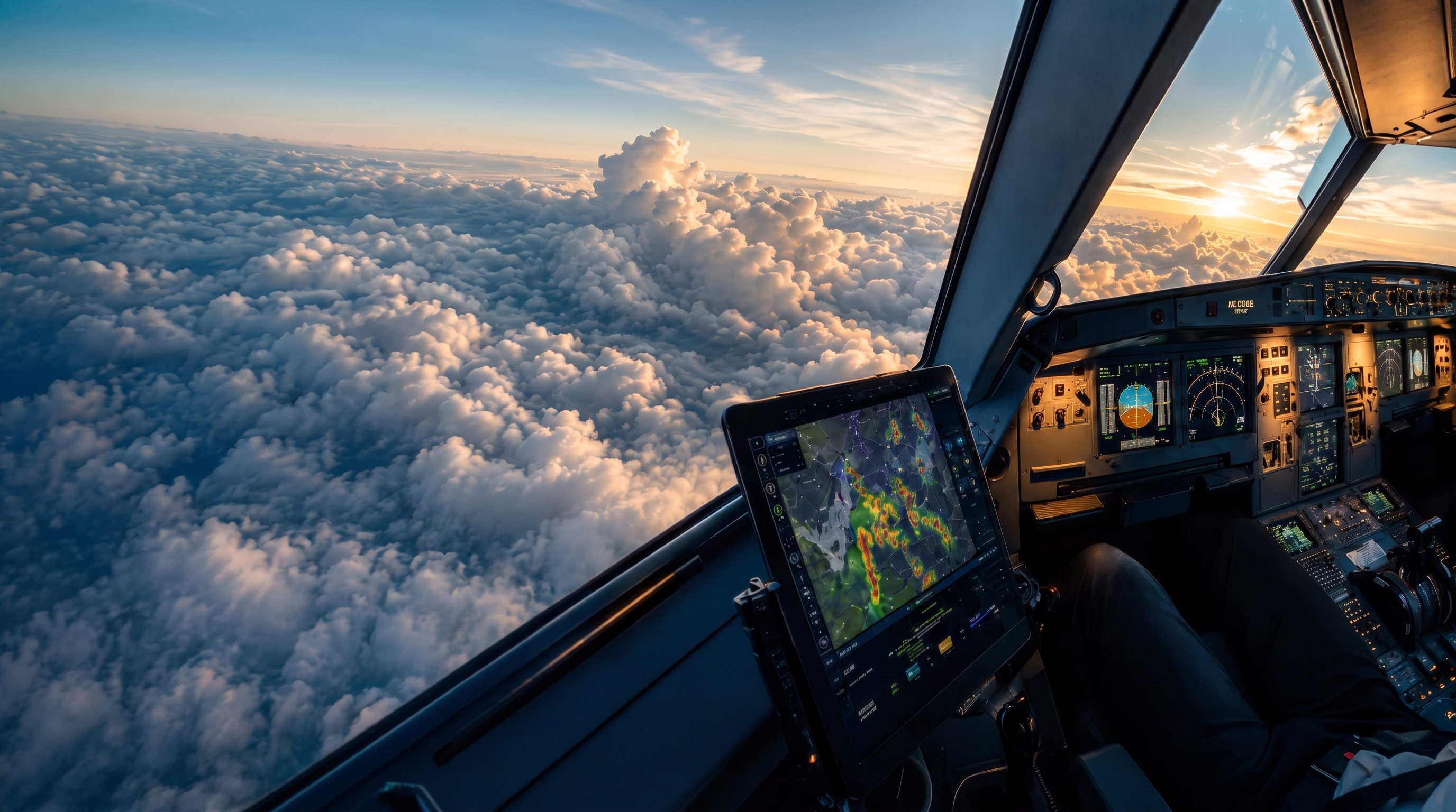 Aircraft cockpit flying above clouds.