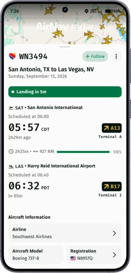AirNav Radar mobile flight details screen.