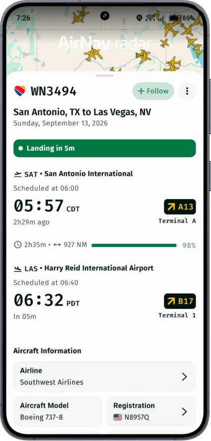 AirNav Radar mobile flight details screen.