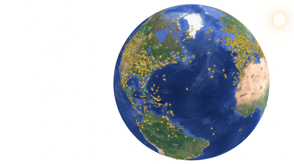 AirNav Radar globe showing global flight activity.