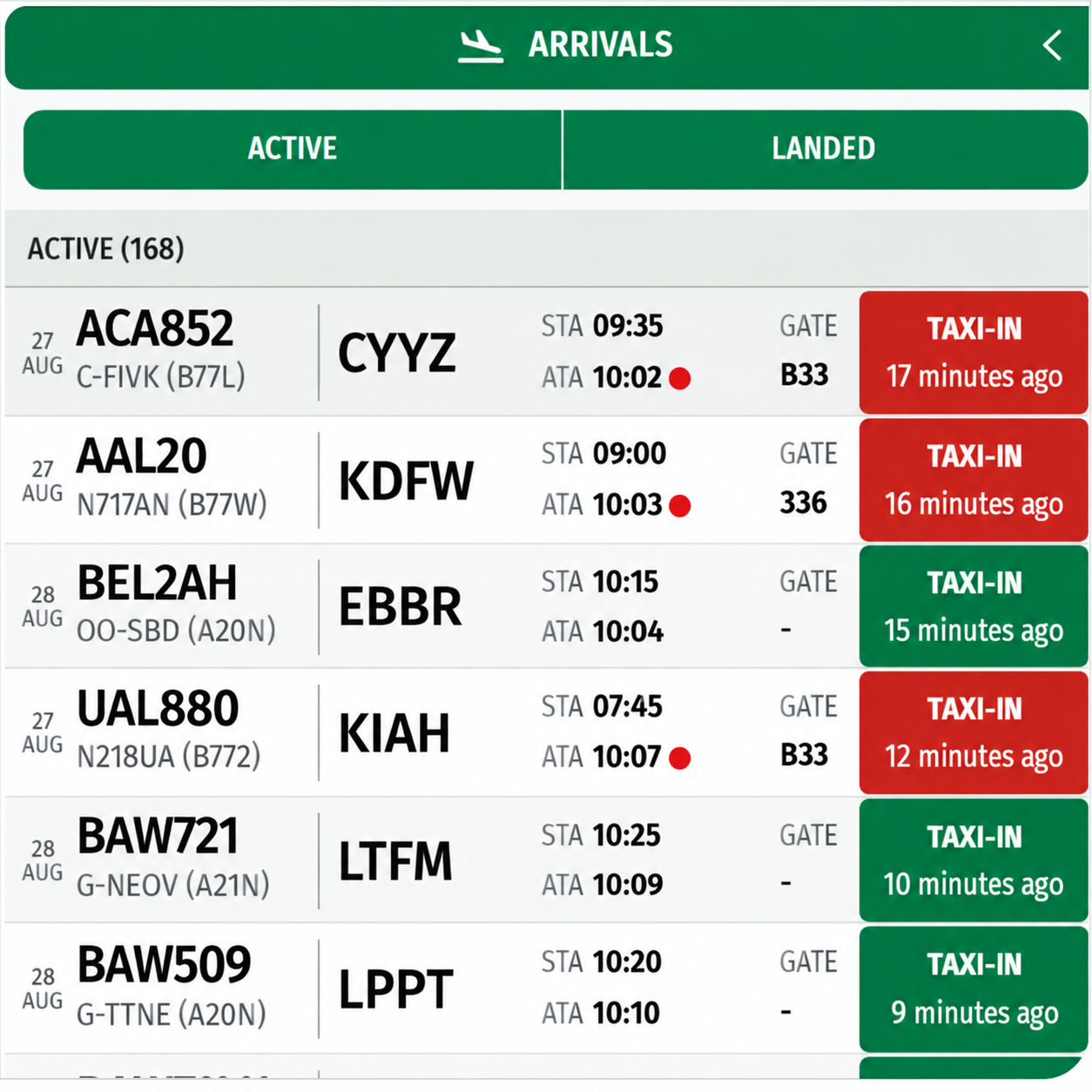 AirportWatch arrivals and departures flight board.