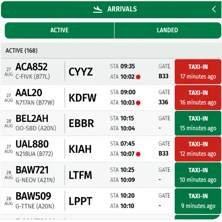 AirportWatch arrivals and departures flight board.