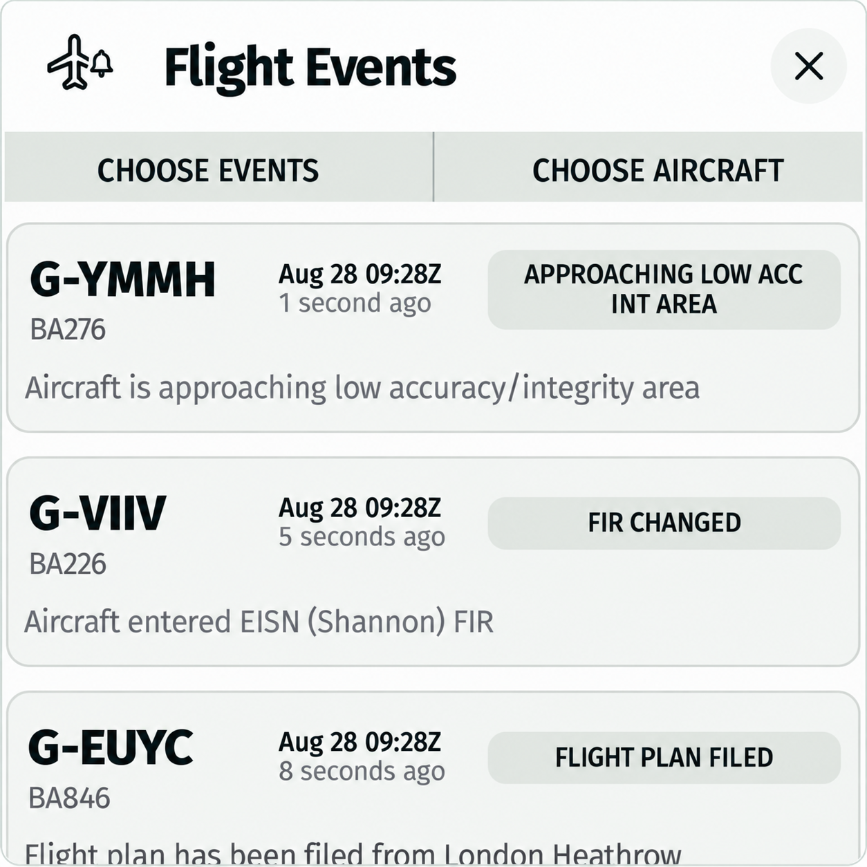 AirportWatch flight events interface.