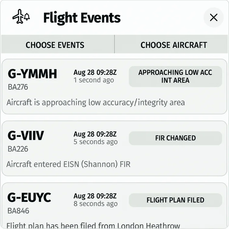 AirportWatch flight events interface.