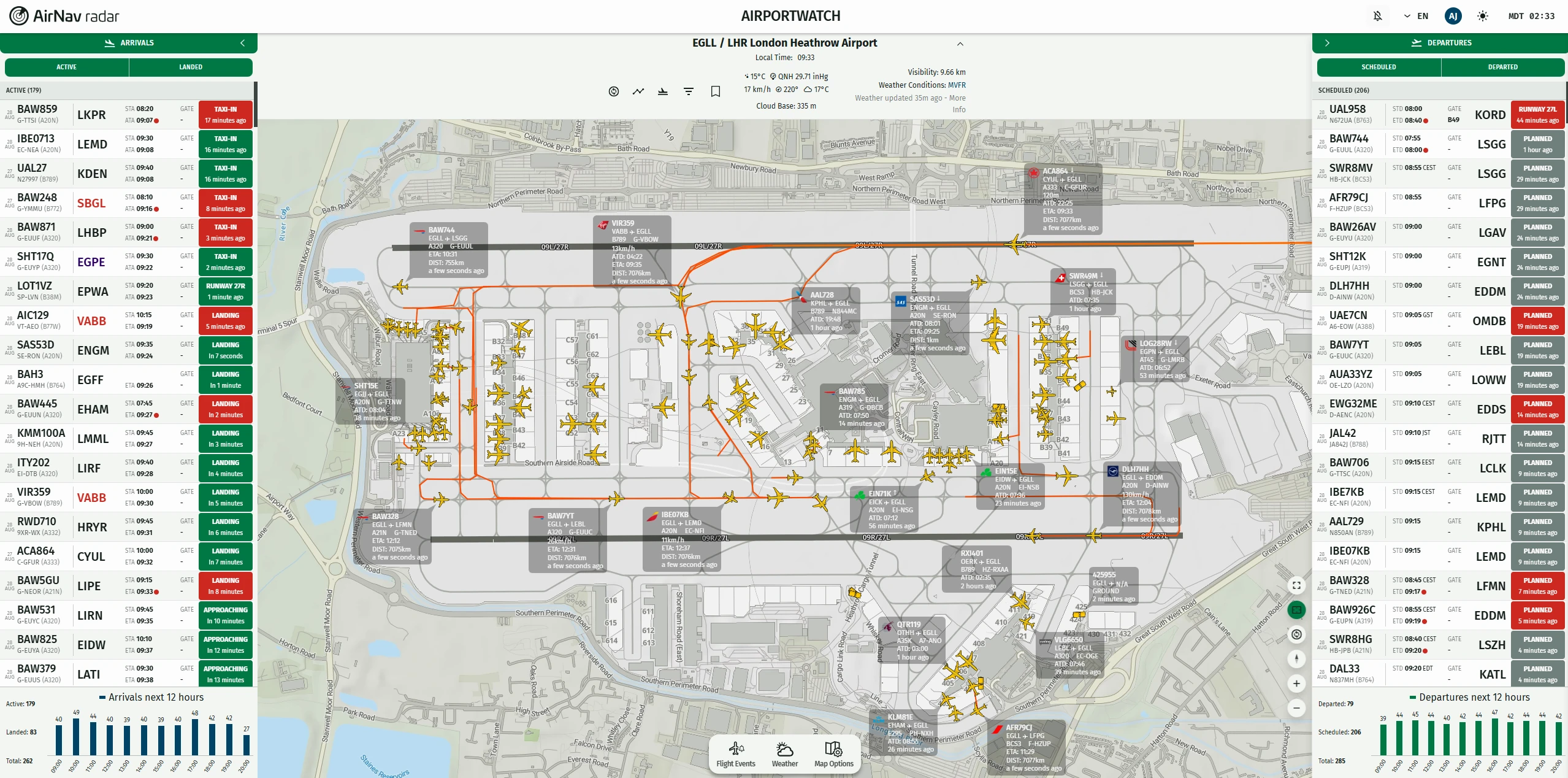 AirportWatch airport layout with gate labels.