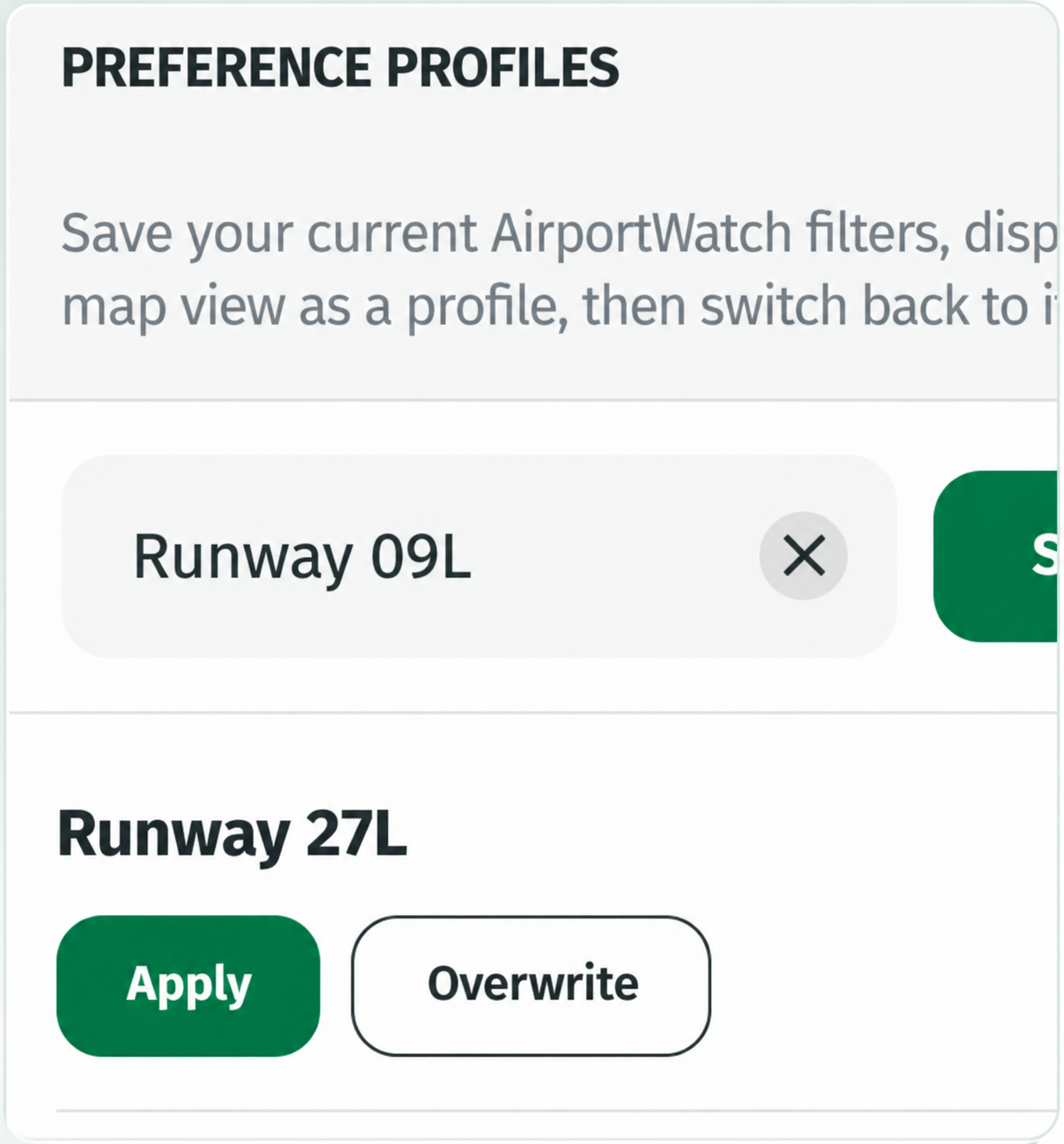 AirportWatch saved profiles interface.