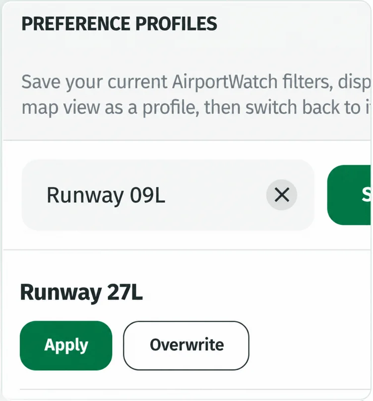 AirportWatch saved profiles interface.