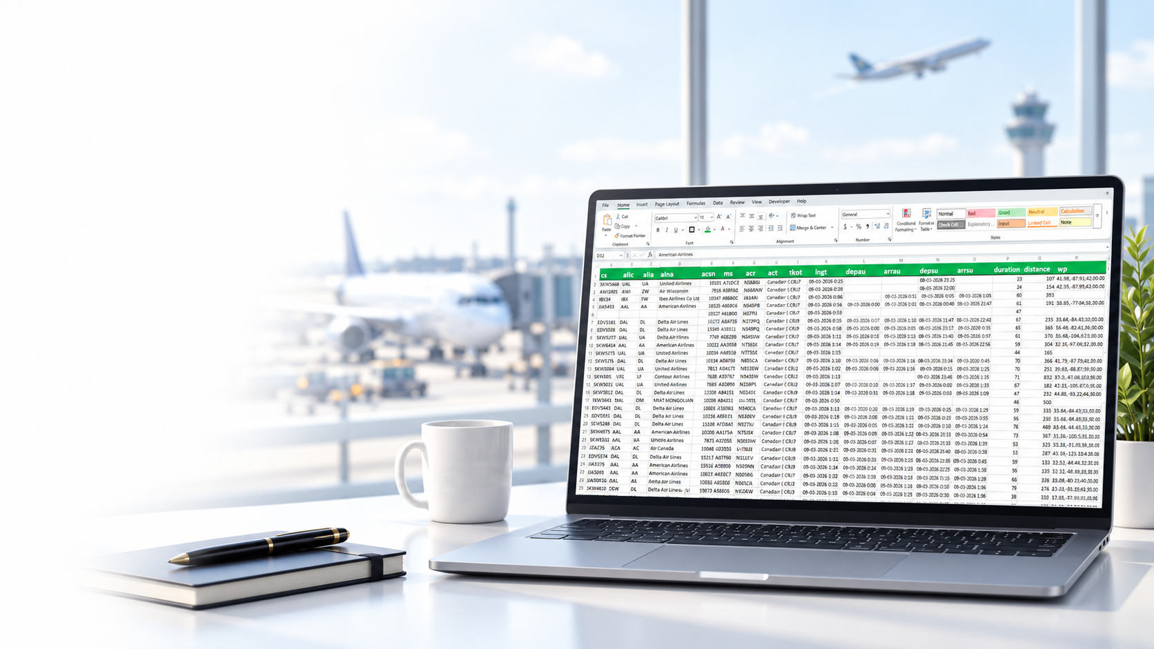 Flight data report displayed on a laptop at an airport workspace.