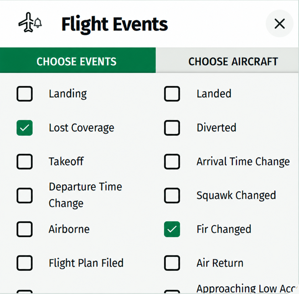 FlightWatch Flight Events configuration panel.