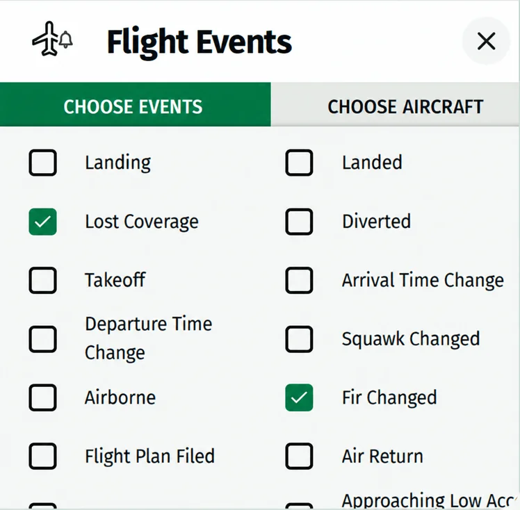 FlightWatch Flight Events configuration panel.