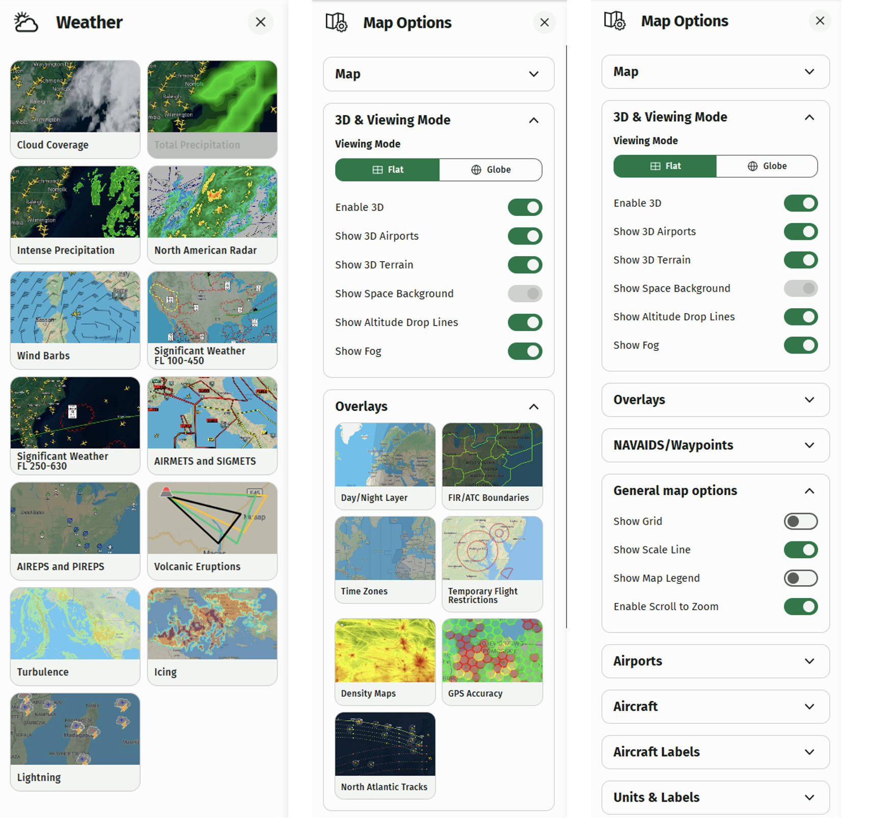 FlightWatch map and weather overlay configuration panels.
