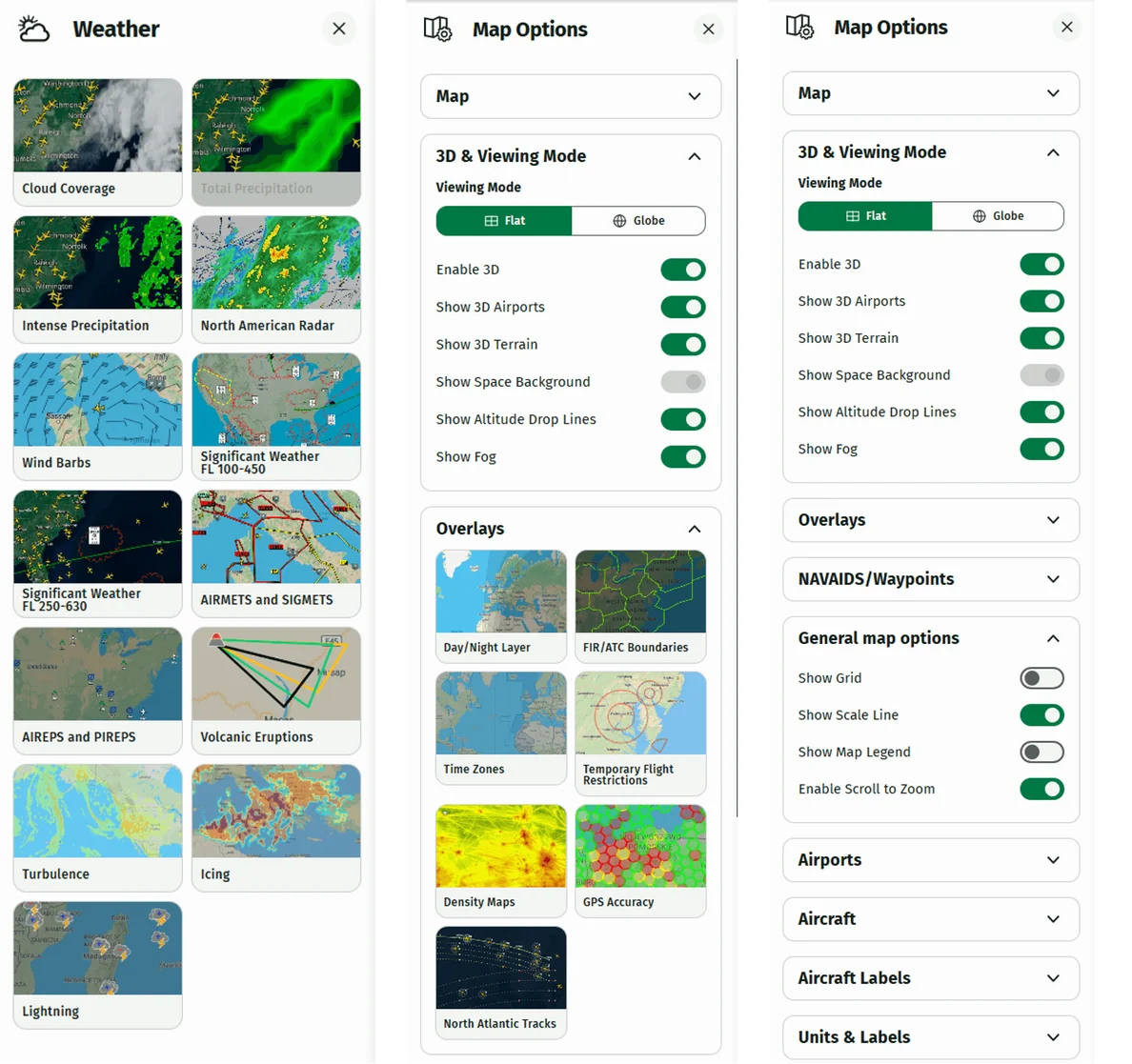 FlightWatch map and weather overlay configuration panels.