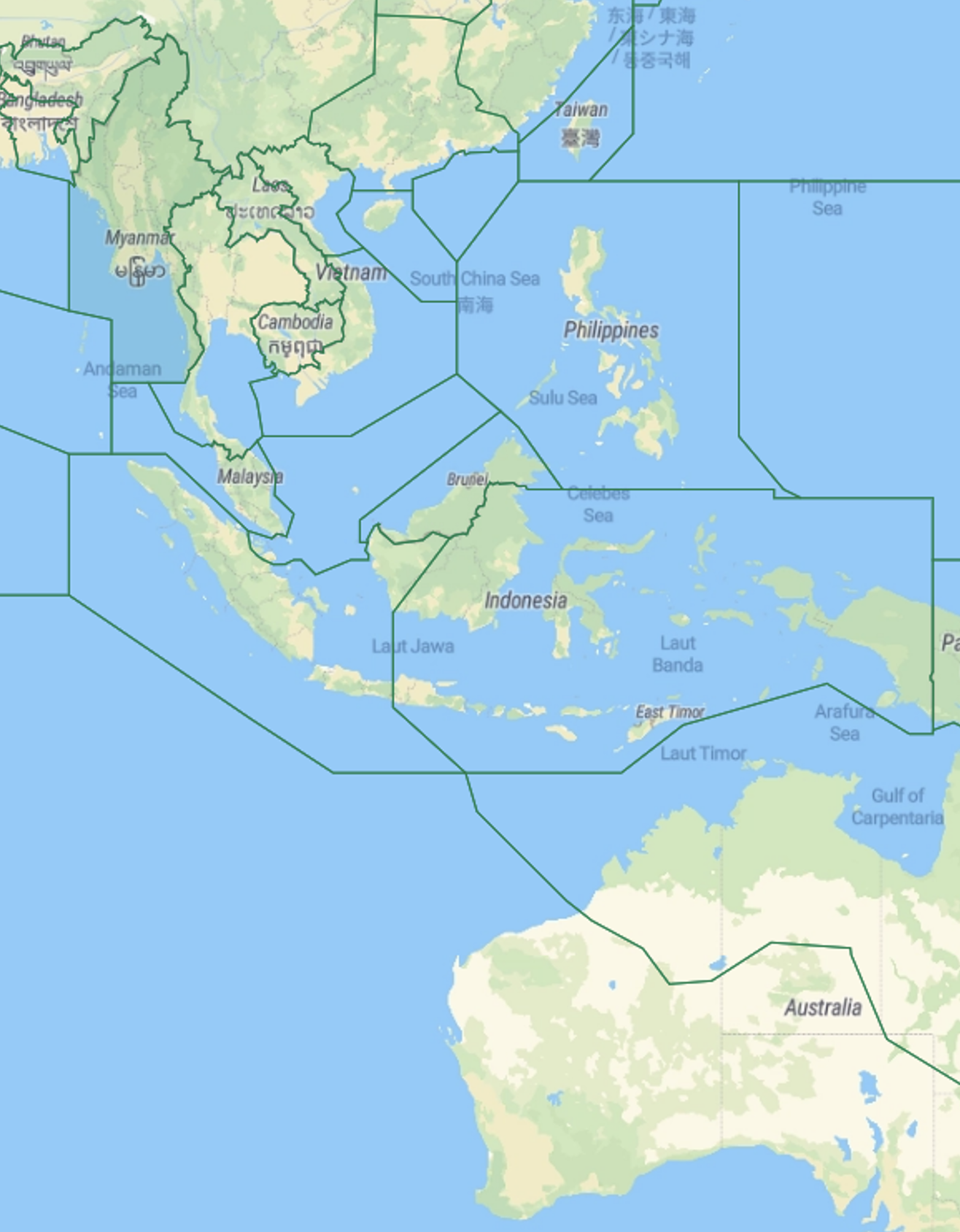 FlightWatch map displaying Flight Information Region boundaries.