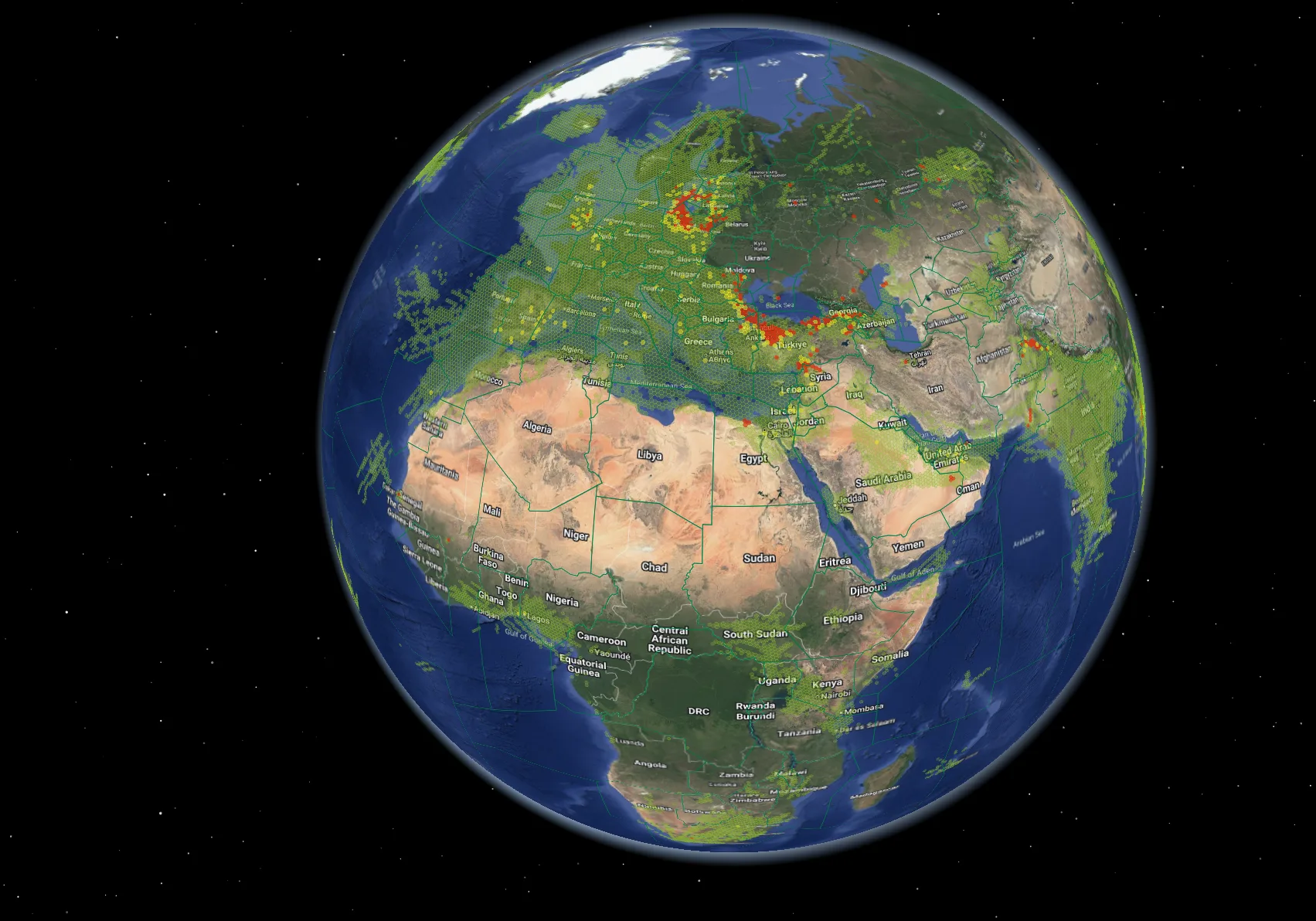 GPS interference hotspots over Europe, Africa, and the Middle East.