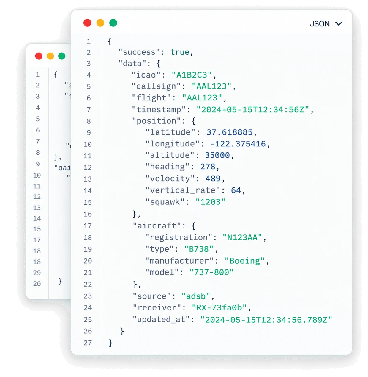 An On-Demand API response, in JSON, in two code windows.